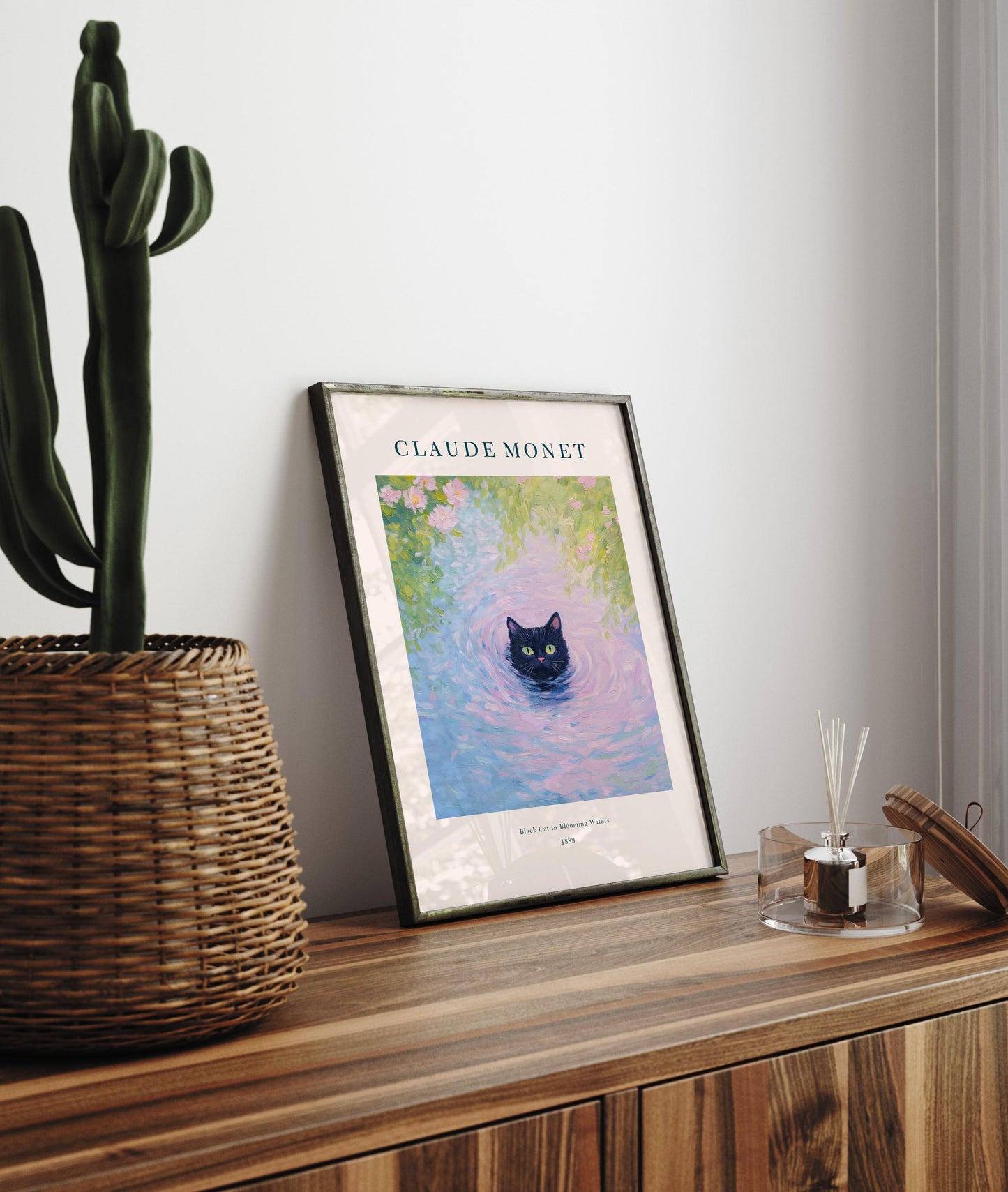 Monet Cat Art Print: Black Cat in Pond, French Botanical Decor
