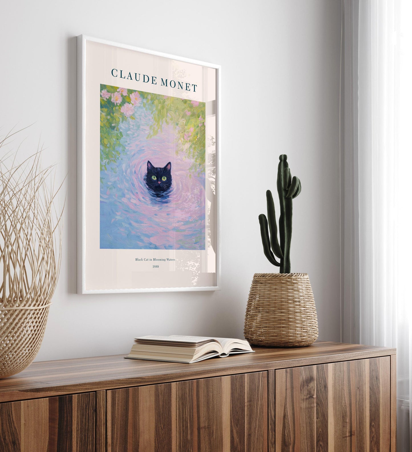 Monet Cat Art Print: Black Cat in Pond, French Botanical Decor