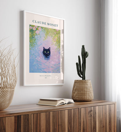 Monet Cat Art Print: Black Cat in Pond, French Botanical Decor