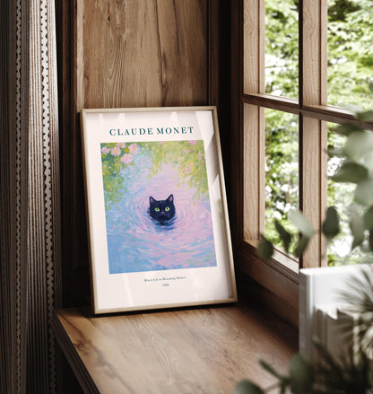 Monet Cat Art Print: Black Cat in Pond, French Botanical Decor
