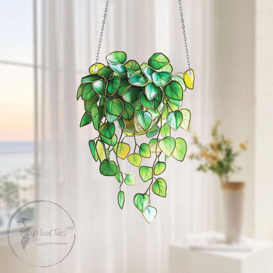 Trailing Vines Faux Stained Glass Window Hanging, Greenery Plant Decor, Philodendron Wall Art Gift for Plant Lovers or Indoor Garden