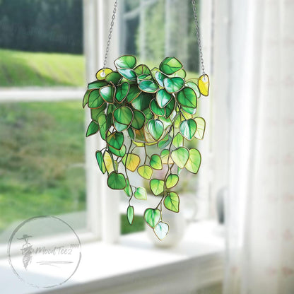 Trailing Vines Faux Stained Glass Window Hanging, Greenery Plant Decor, Philodendron Wall Art Gift for Plant Lovers or Indoor Garden