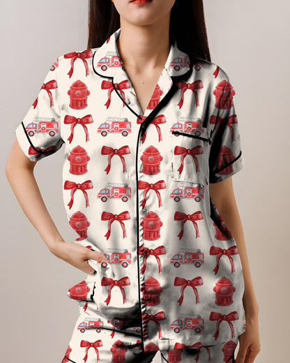 Coquette Firefighter Satin Pajama Set, AOP Short Sleeve Sleepwear for Women, Cute Firefighter Loungewear Gift