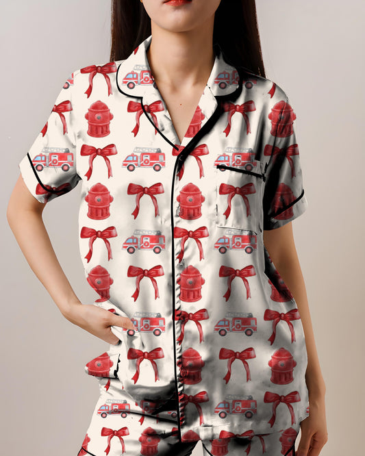 Coquette Firefighter Satin Pajama Set, AOP Short Sleeve Sleepwear for Women, Cute Firefighter Loungewear Gift
