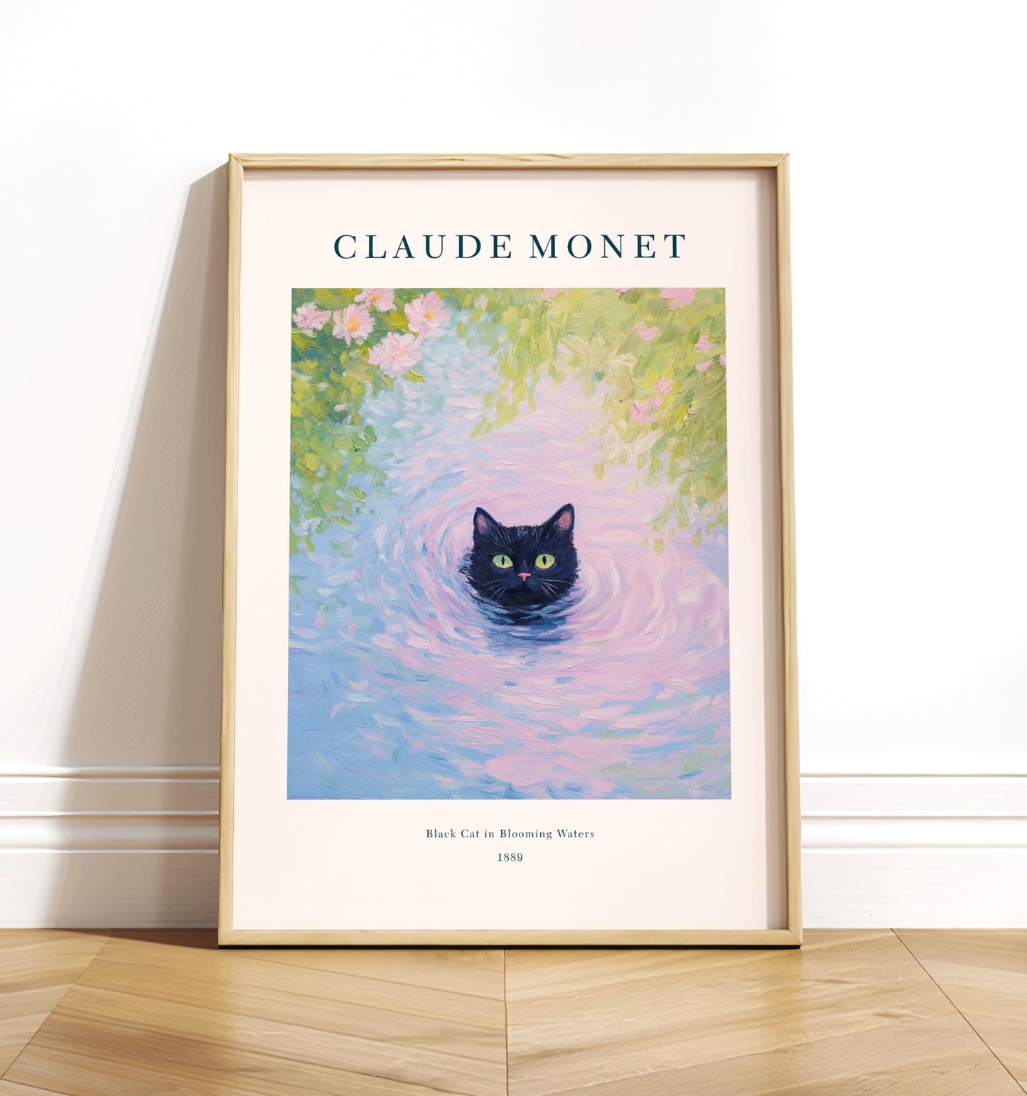 Monet Cat Art Print: Black Cat in Pond, French Botanical Decor