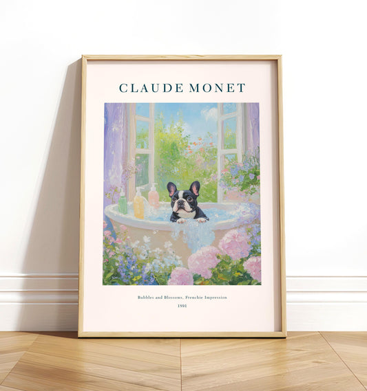 French Bulldog Wall art: Monet Style Floral Bathroom Print