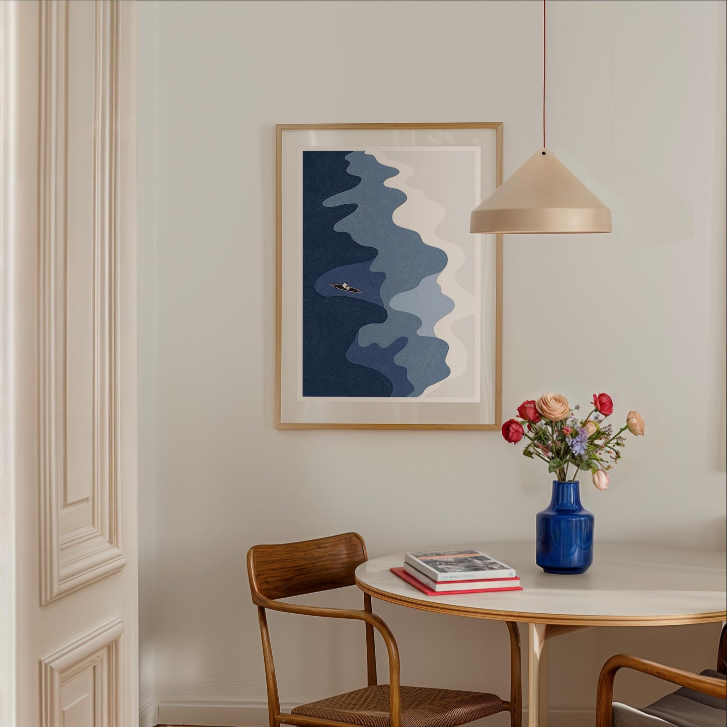 Aerial Ocean Print: Surfers, Canoe, Coastal Wall Art