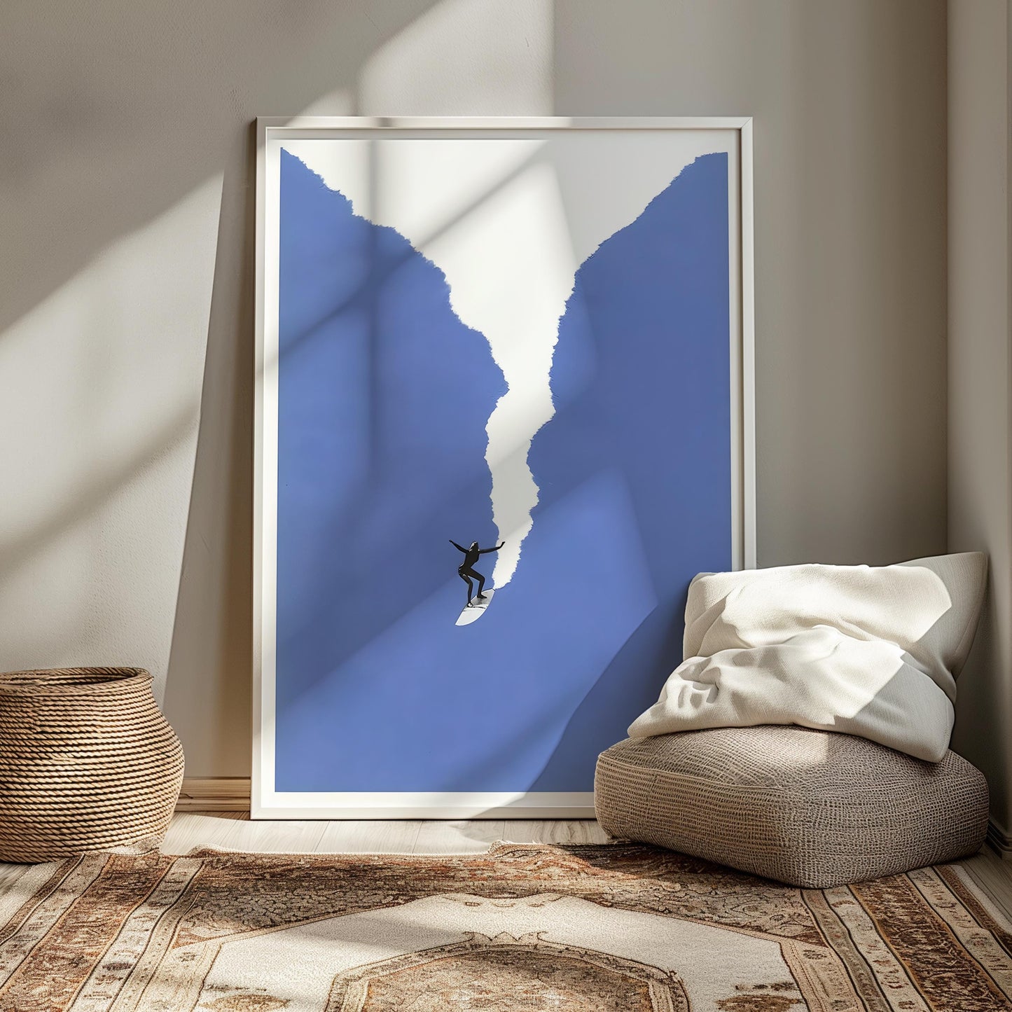 Minimalist Surf Print: Retro Art Deco Blue Beach Poster