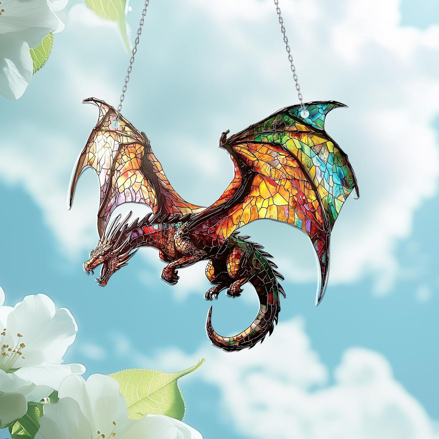 Flying Dragon Stained Glass Suncatcher – Handmade Fantasy Window Hanging with Rainbow Wings, Gothic Home Decor, Mythical Creature Gift
