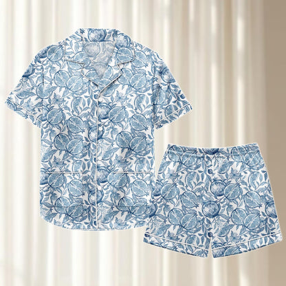 Blue Citrus Satin Pajama Set, Mediterranean Fruit Women Sleepwear, Vintage Summer Loungewear, Soft Gift Matching Pjs Set, Gift For Her