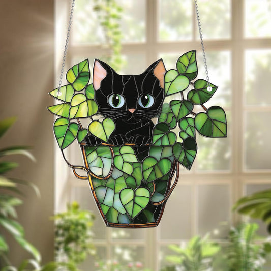 Black Cat in Leafy Plant Pot Window Hanging, Cute Kitty Decor for Plant Lover, Whimsical Gift for Cat Mom, Green Jungle Vibe Window Accent