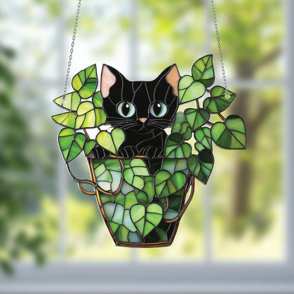 Black Cat in Leafy Plant Pot Window Hanging, Cute Kitty Decor for Plant Lover, Whimsical Gift for Cat Mom, Green Jungle Vibe Window Accent