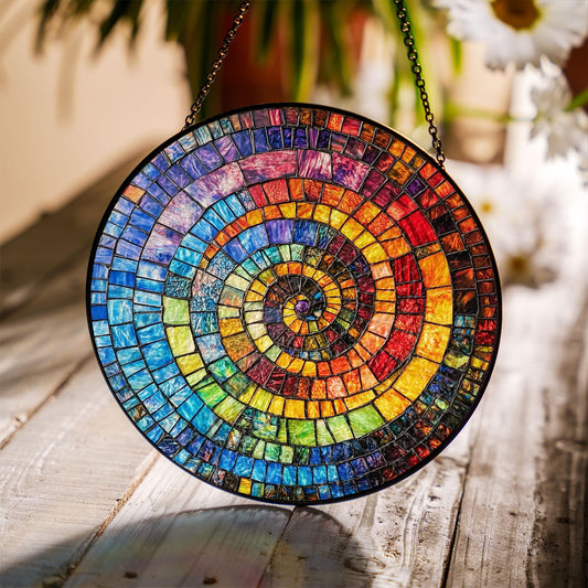 Rainbow Spiral Mosaic Stained Glass Suncatcher – Colorful Round Window Decor, Abstract Boho Art Gift for Her, Vibrant Sunlight Hanging