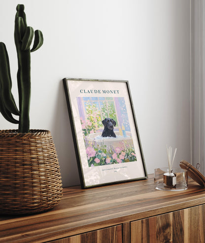 Black Lab in French Bathroom Art Print: Monet Style Dog Poster