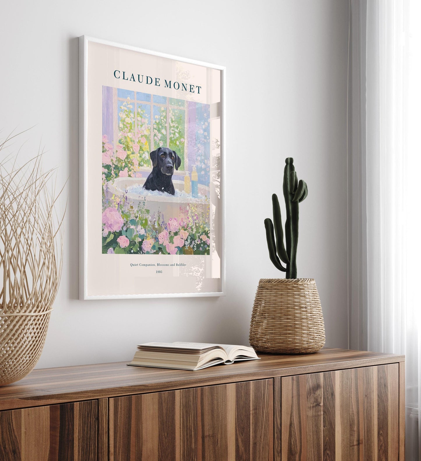 Black Lab in French Bathroom Art Print: Monet Style Dog Poster