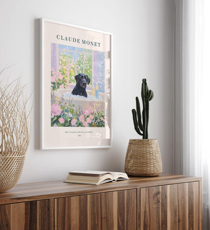 Black Lab in French Bathroom Art Print: Monet Style Dog Poster