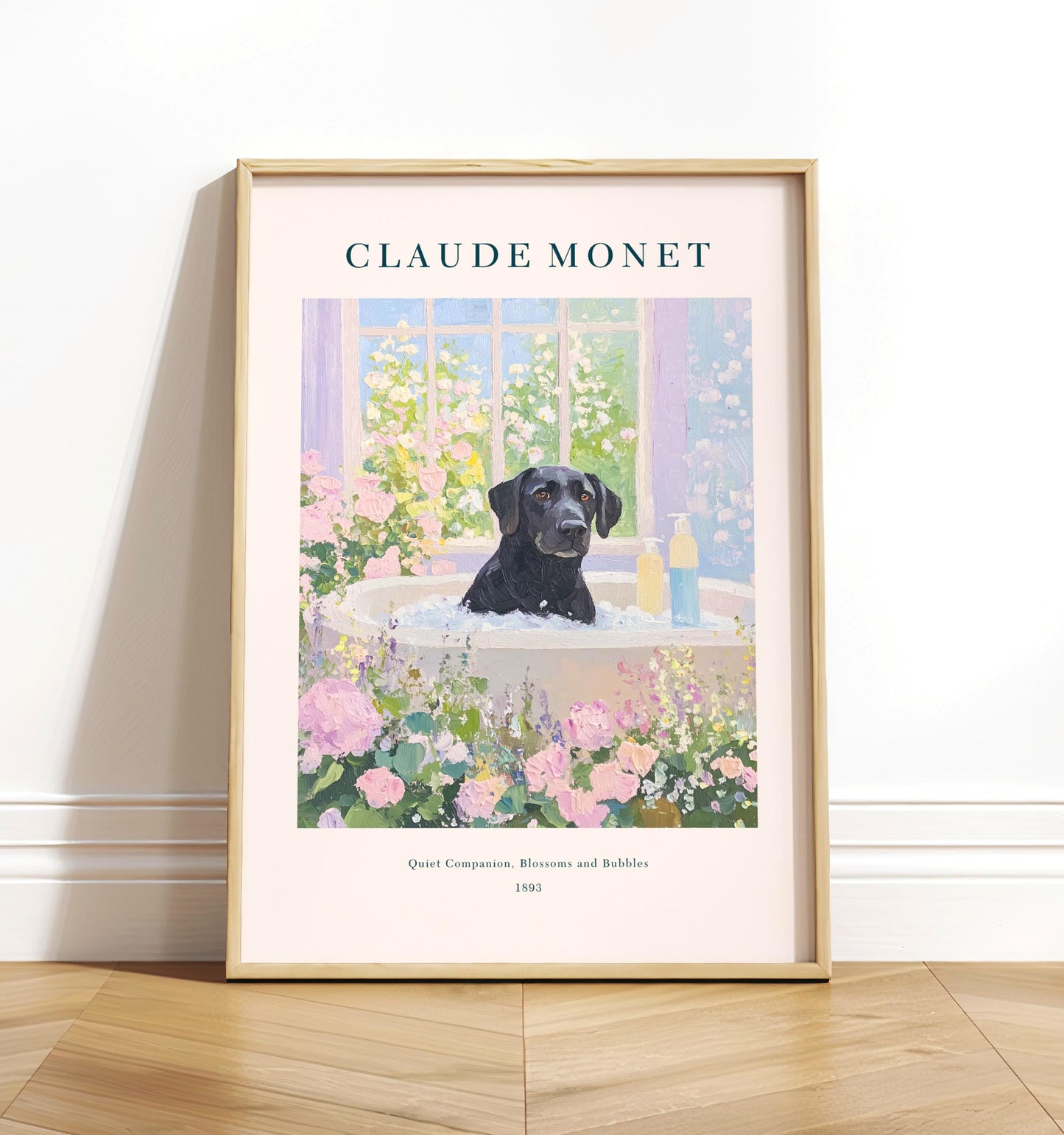 Black Lab in French Bathroom Art Print: Monet Style Dog Poster
