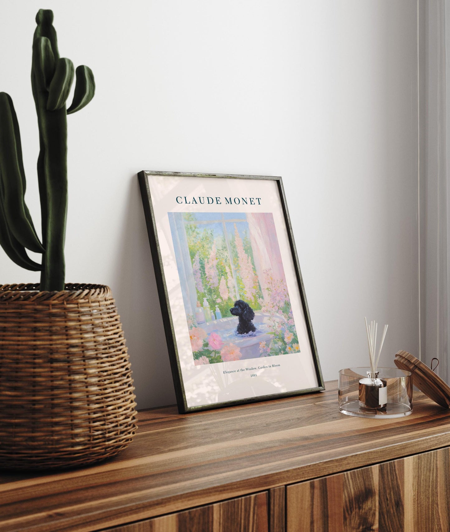 Black Poodle in Bathtub Art Print: Monet Style French Bathroom Decor