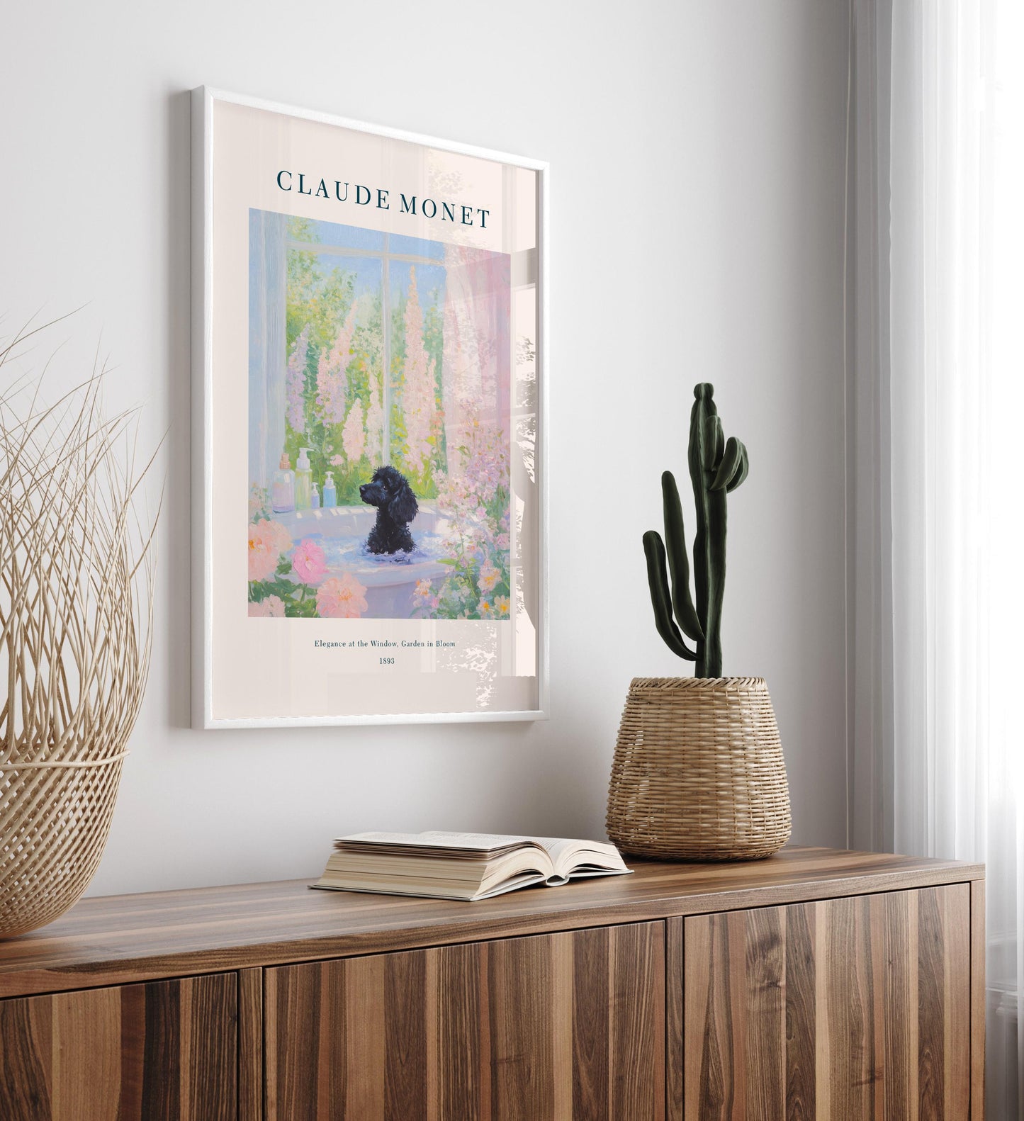 Black Poodle in Bathtub Art Print: Monet Style French Bathroom Decor