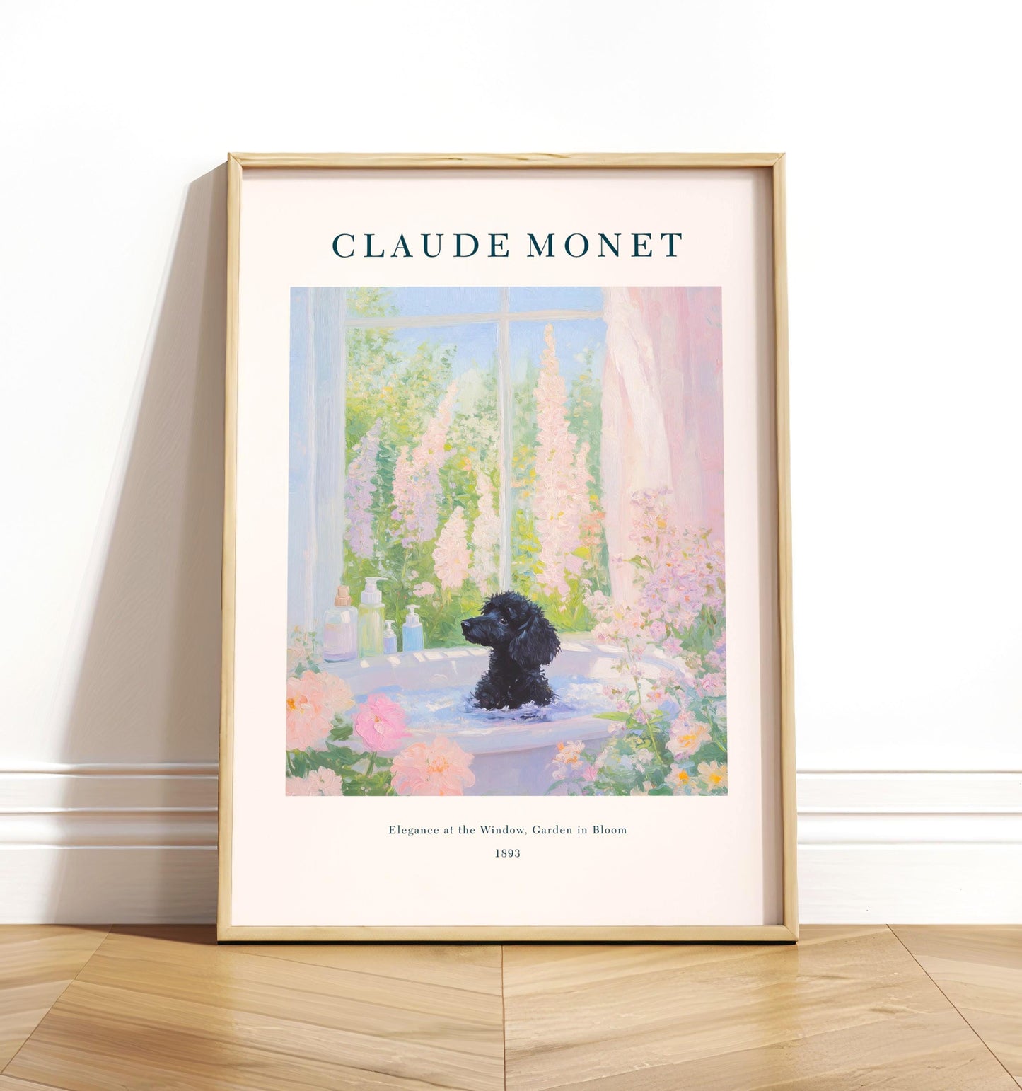 Black Poodle in Bathtub Art Print: Monet Style French Bathroom Decor