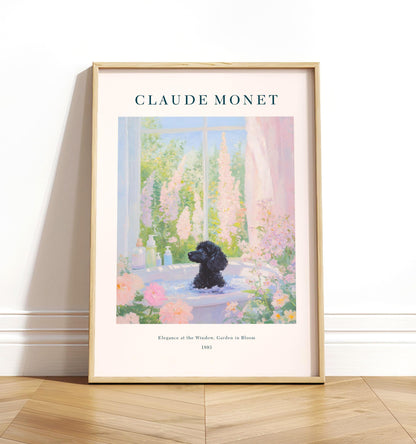 Black Poodle in Bathtub Art Print: Monet Style French Bathroom Decor