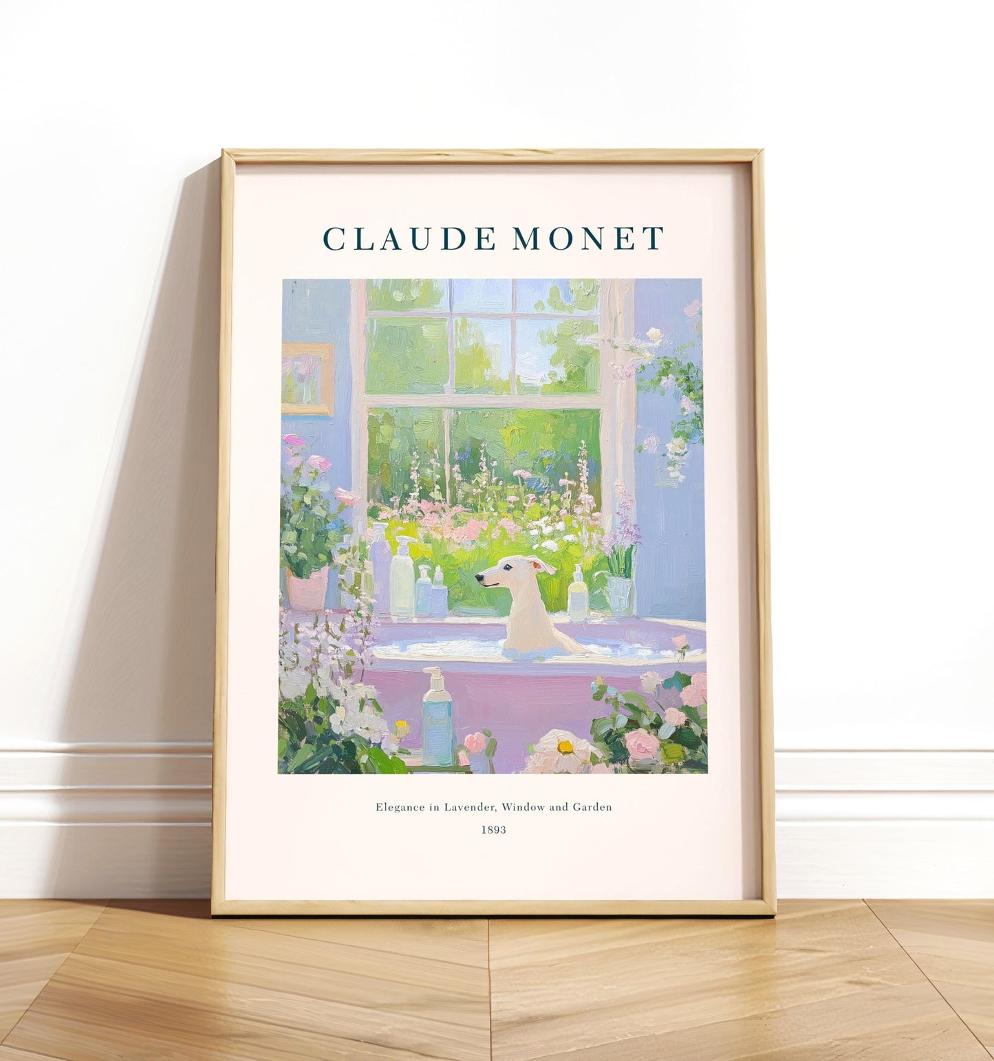 Borzoi in bathtub, French Aesthetic bathroom wall art, Claude Monet painting, Exhibition gallery poster, Mid century modern print