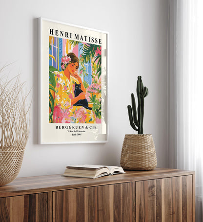 Henri Matisse painting, Black cat held by a woman, Mediterranean aesthetic poster, Tropical summer print, Dopamine decor