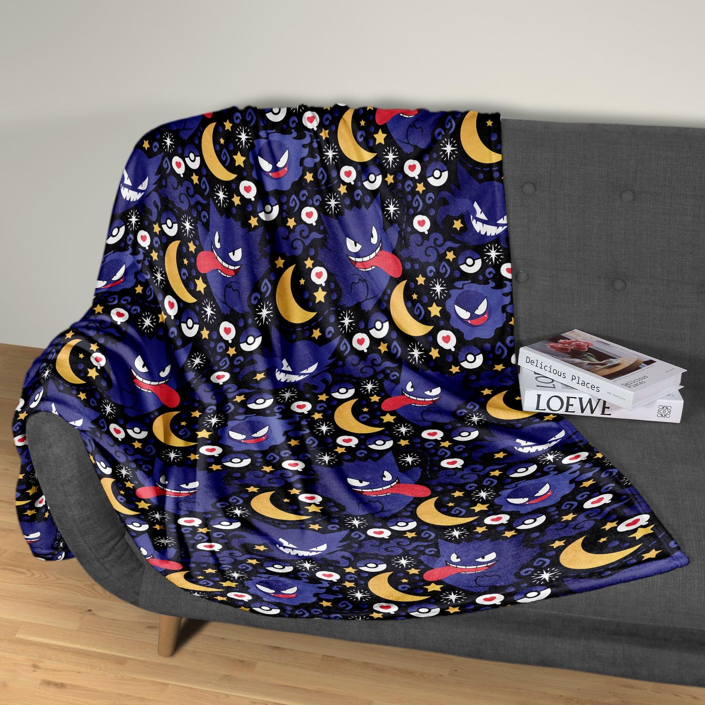 Gengar Fleece Blanket, Cute Purple Moon Throw Blanket, Tropical Home Decor Blanket,  Gengar Blanket Gifts