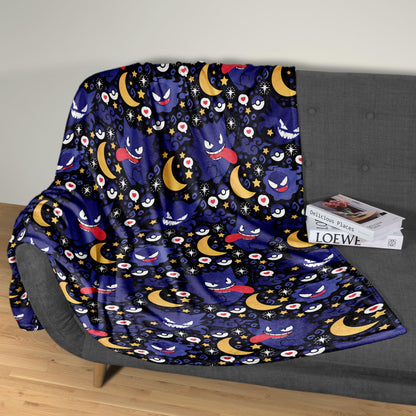 Gengar Fleece Blanket, Cute Purple Moon Throw Blanket, Tropical Home Decor Blanket,  Gengar Blanket Gifts
