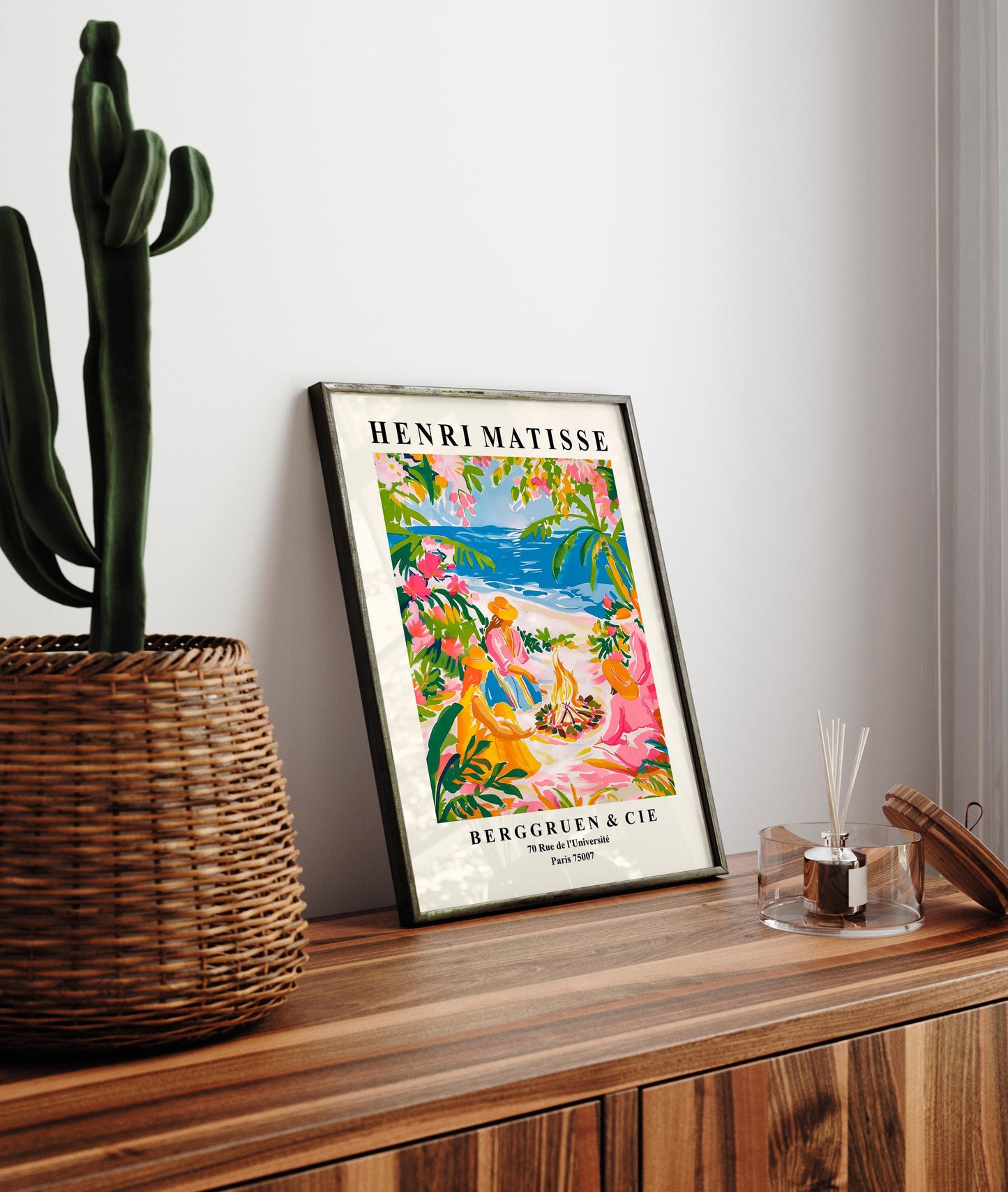 Pink tropical witchy art, Women by the campfire, Colonial Beach house decor, Dopamine Matisse art