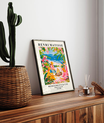 Pink tropical witchy art, Women by the campfire, Colonial Beach house decor, Dopamine Matisse art