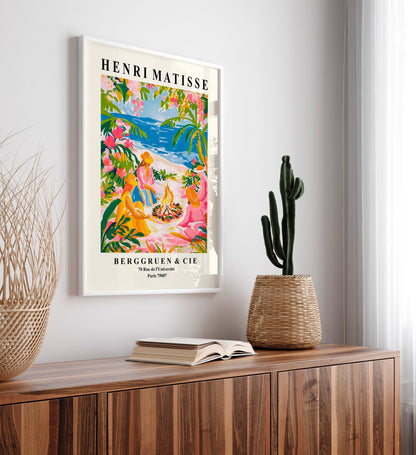 Pink tropical witchy art, Women by the campfire, Colonial Beach house decor, Dopamine Matisse art