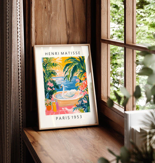 Swan Bathroom Print: Pink Botanical Matisse Wall Art