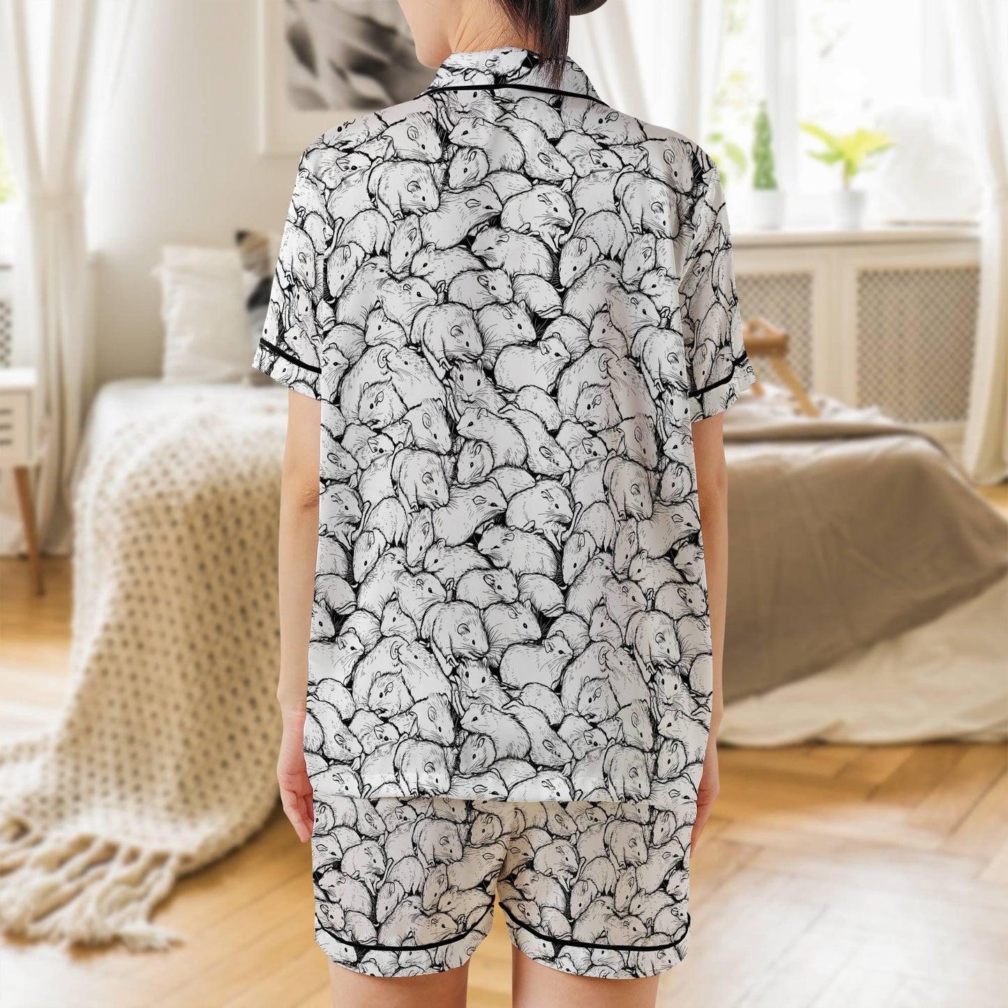 Rat Satin Short Sleeves Pajama Set, Rat Lover Women's Pajama Shorts Set