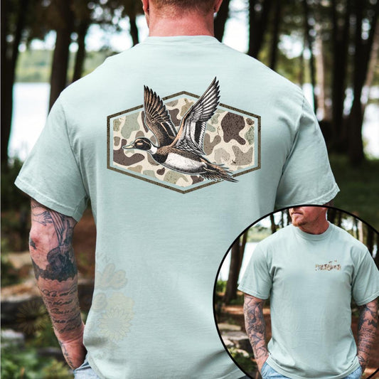 Camo Duck Hunting T-Shirt | Mallard Flight Outdoor Tee | Front & Back Design | Waterfowl Shirt for Men | Southern Outdoors Graphic Tee