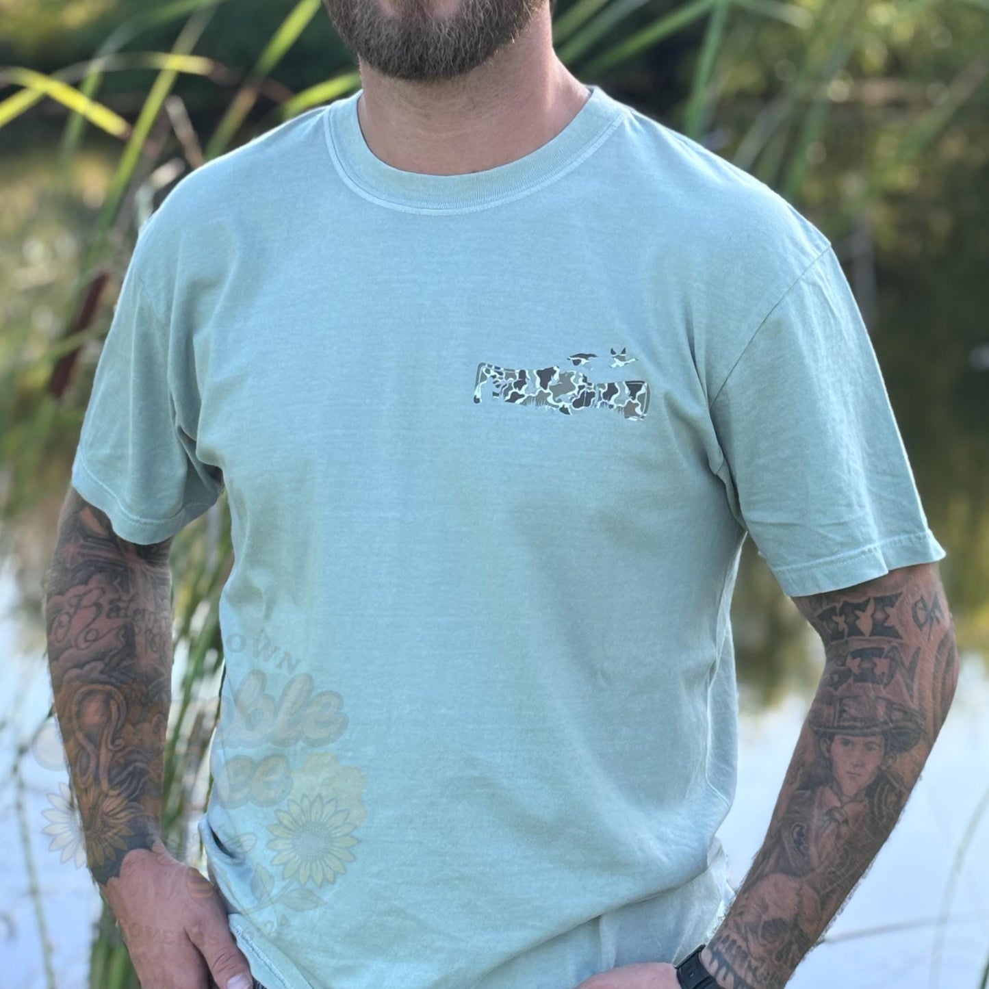 Camo Duck Hunting T-Shirt | Mallard Flight Outdoor Tee | Front & Back Design | Waterfowl Shirt for Men | Southern Outdoors Graphic Tee