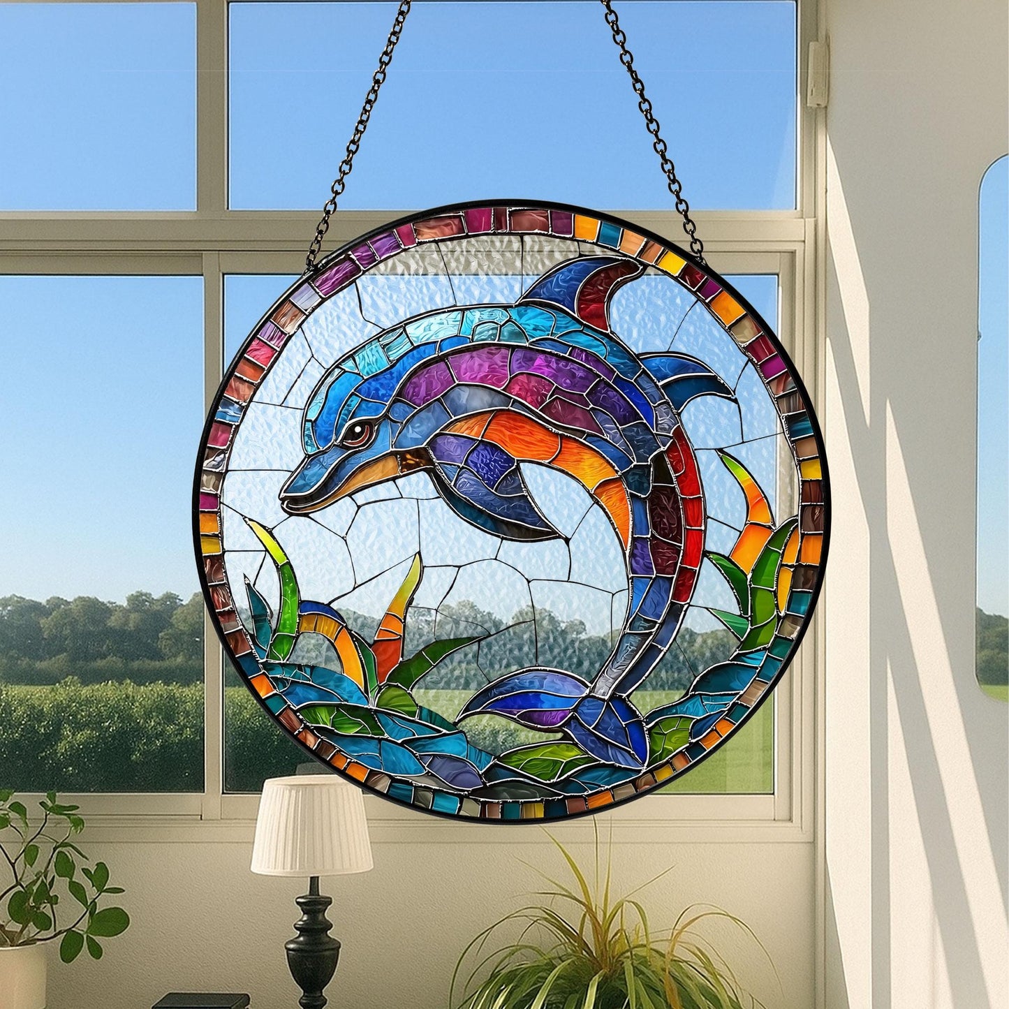 Dolphin Suncatcher Hanging Sign, Dolphin Glass Suncatcher, Dolphin Ornament, Tropical Beach Decoration, Coastal Decor, Dolphin Lover Gifts