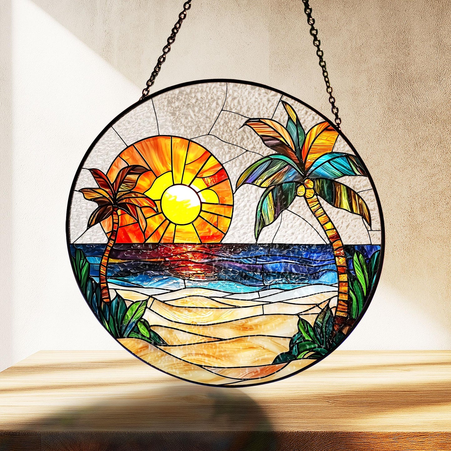 Beach Stained Glass Suncatcher, Colorful Ocean Sunset Glass Window Hanging, Palm Tree Hibiscus Summer Decor, Beach Lover Gift, Coastal Gift