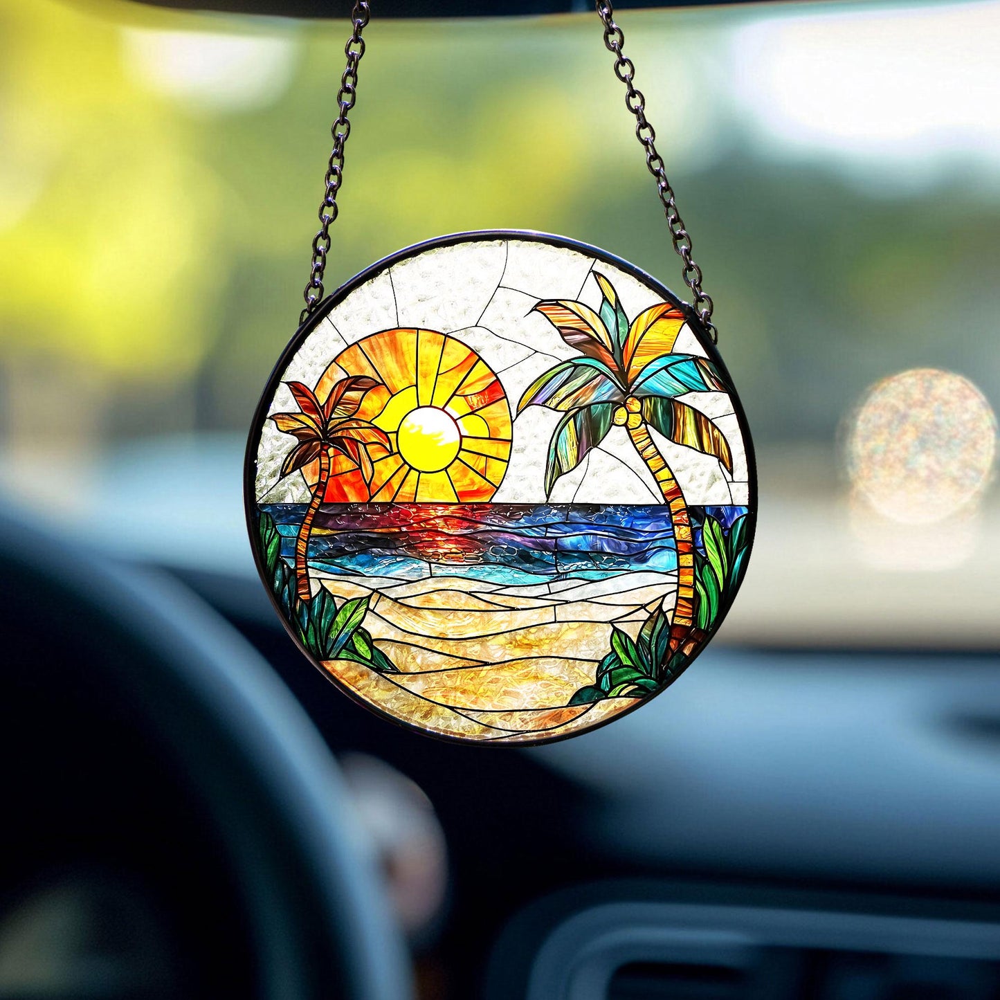 Beach Stained Glass Suncatcher, Colorful Ocean Sunset Glass Window Hanging, Palm Tree Hibiscus Summer Decor, Beach Lover Gift, Coastal Gift