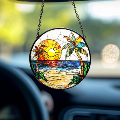 Beach Stained Glass Suncatcher, Colorful Ocean Sunset Glass Window Hanging, Palm Tree Hibiscus Summer Decor, Beach Lover Gift, Coastal Gift