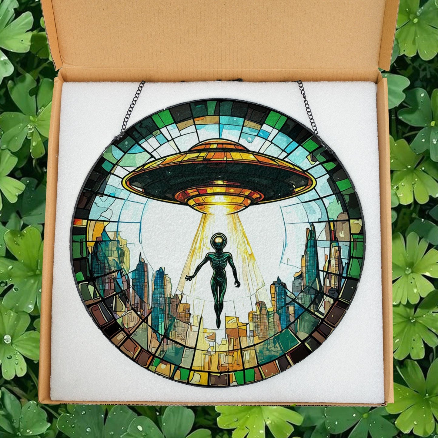 Alien UFO Abduction Stained Glass Suncatcher, UFO Wall Art, Cryptid Hanging Home Decoration, Alien Cryptozoology Decor, Spaceship Decor