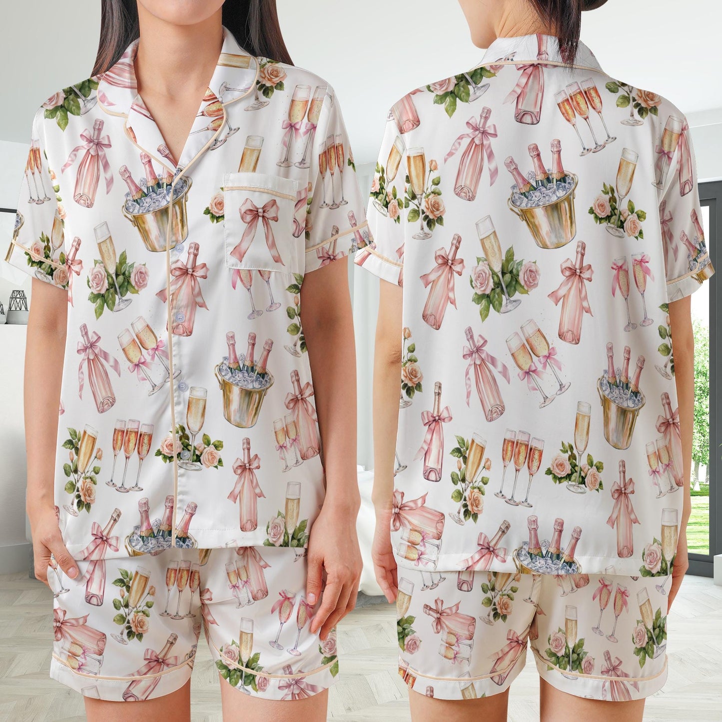 Funny Bach Champagne Pajamas Set, Bridesmaid Drinking Pajama Sleepwear Short Sleeve Pajamas, Matching Bachelorette Party Gift, Bride Pajamas