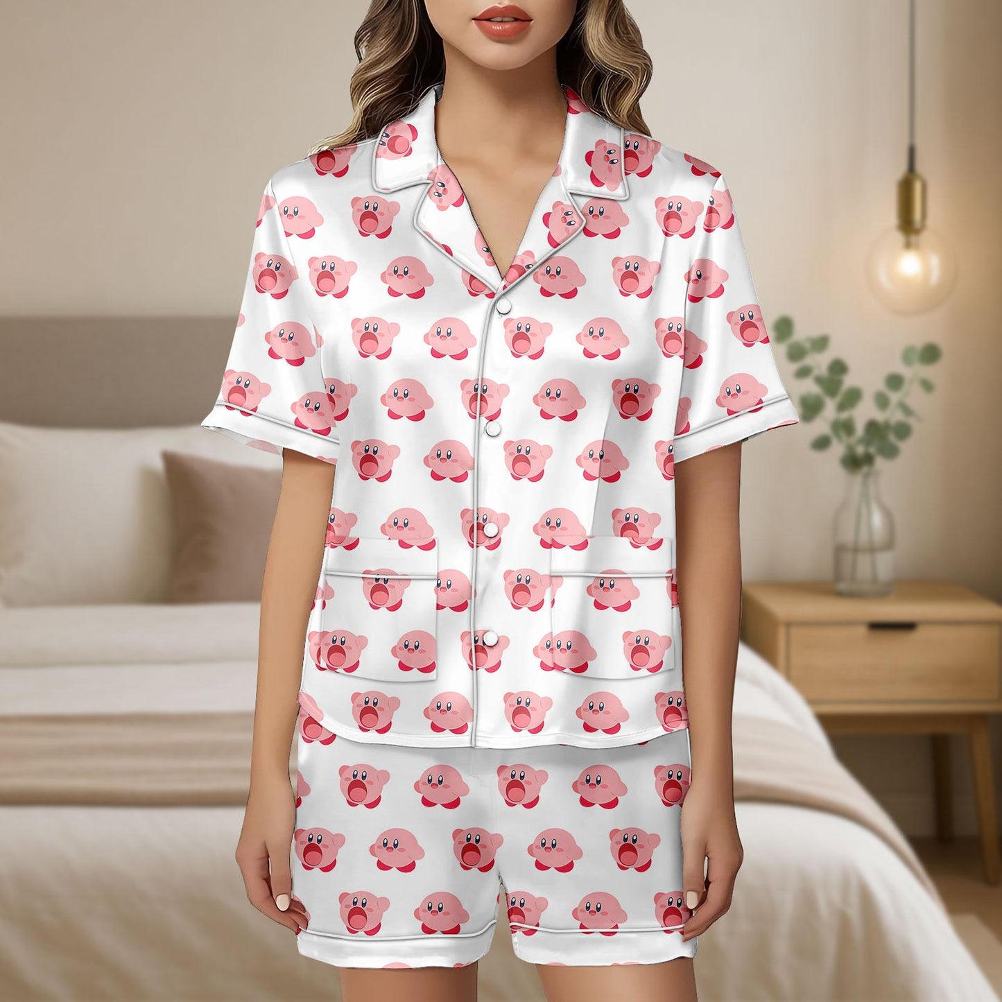 Cute Kirby Cartoon Satin Short Pajamas, Pink Character Loungewear Set, Summer Sleepwear for Fans, Gift For Her