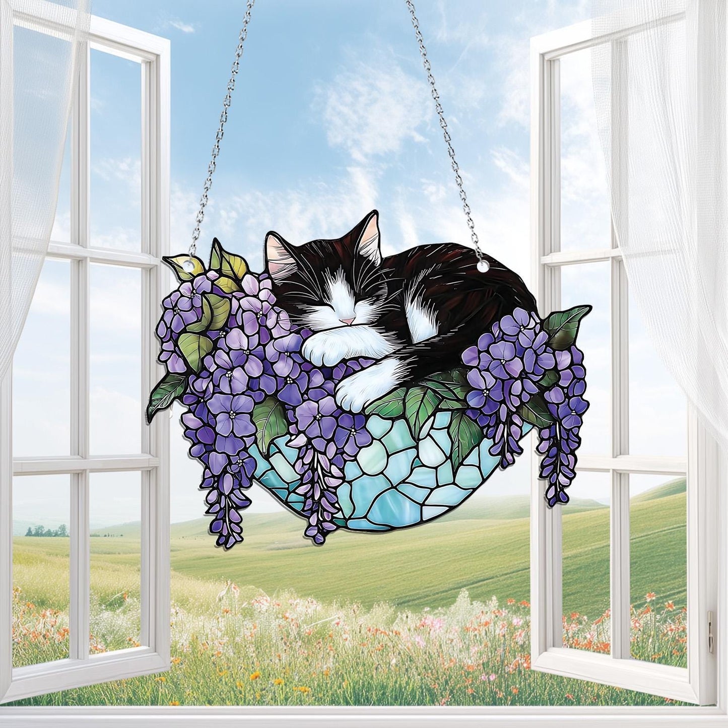 Black Cat Sleeping On Wisteria Basket Ornament, Wisteria Cat Acrylic Window Hanging, Gift For Cat Lover, Wisteria Lover Gift, Black Cat Gift