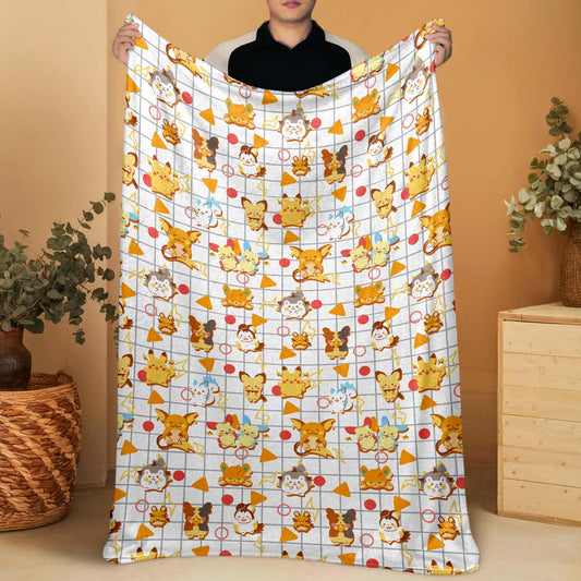 Pikachu and Raichu Blanket, Cotton Fleece Throw Blanket, Kawaii Character Decor, Home Decor Cozy Blanket, Pikachu Blanket Gifts