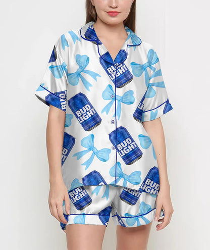 Coquette Blue Bud Pajamas Satin Set, Beer Shirt, Mother's Day Gift, Birthday Gift, Gift For Women, Bridesmaid Gifts, Anniversary Gift