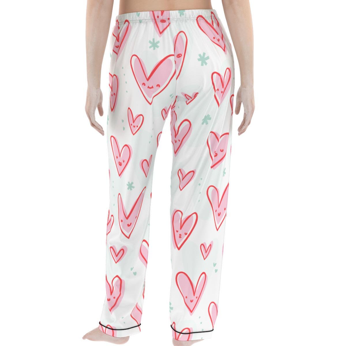 Kawaii Heaven Heart Print Women's Pajama Set with Elastic Waist & Contrast Piping