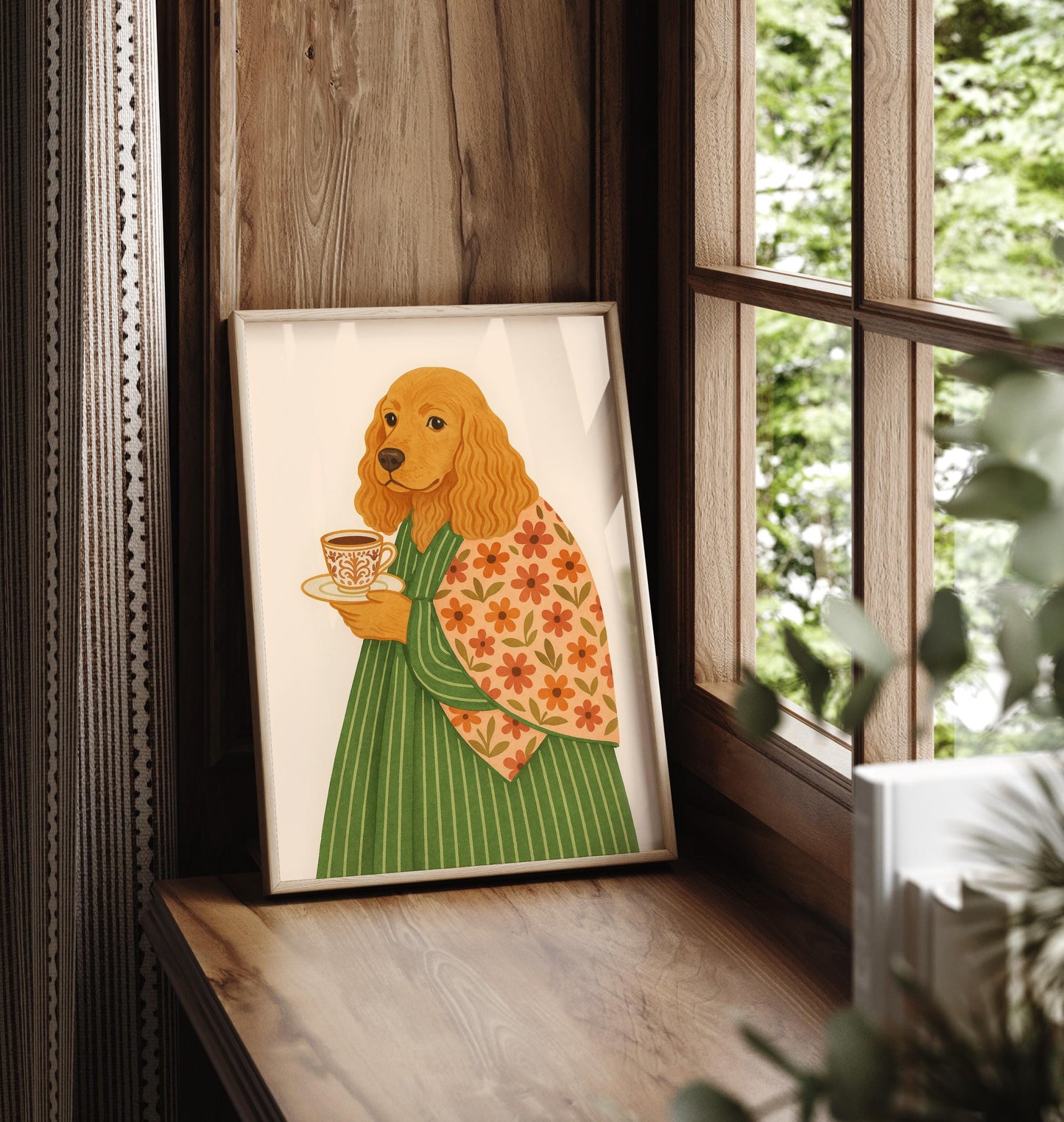 Cocker Spaniel print, Dog with coffee, Coffee wall art, Espresso art print, Floral pattern print, Beige neutral aesthetic poster, Dog art