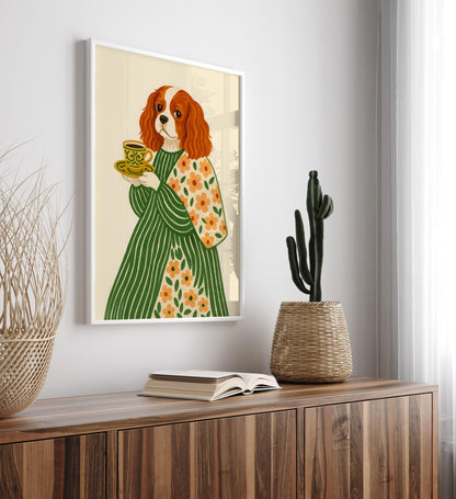 Cavalier King Charles Spaniel Art Print: Dog with Coffee & Flowers