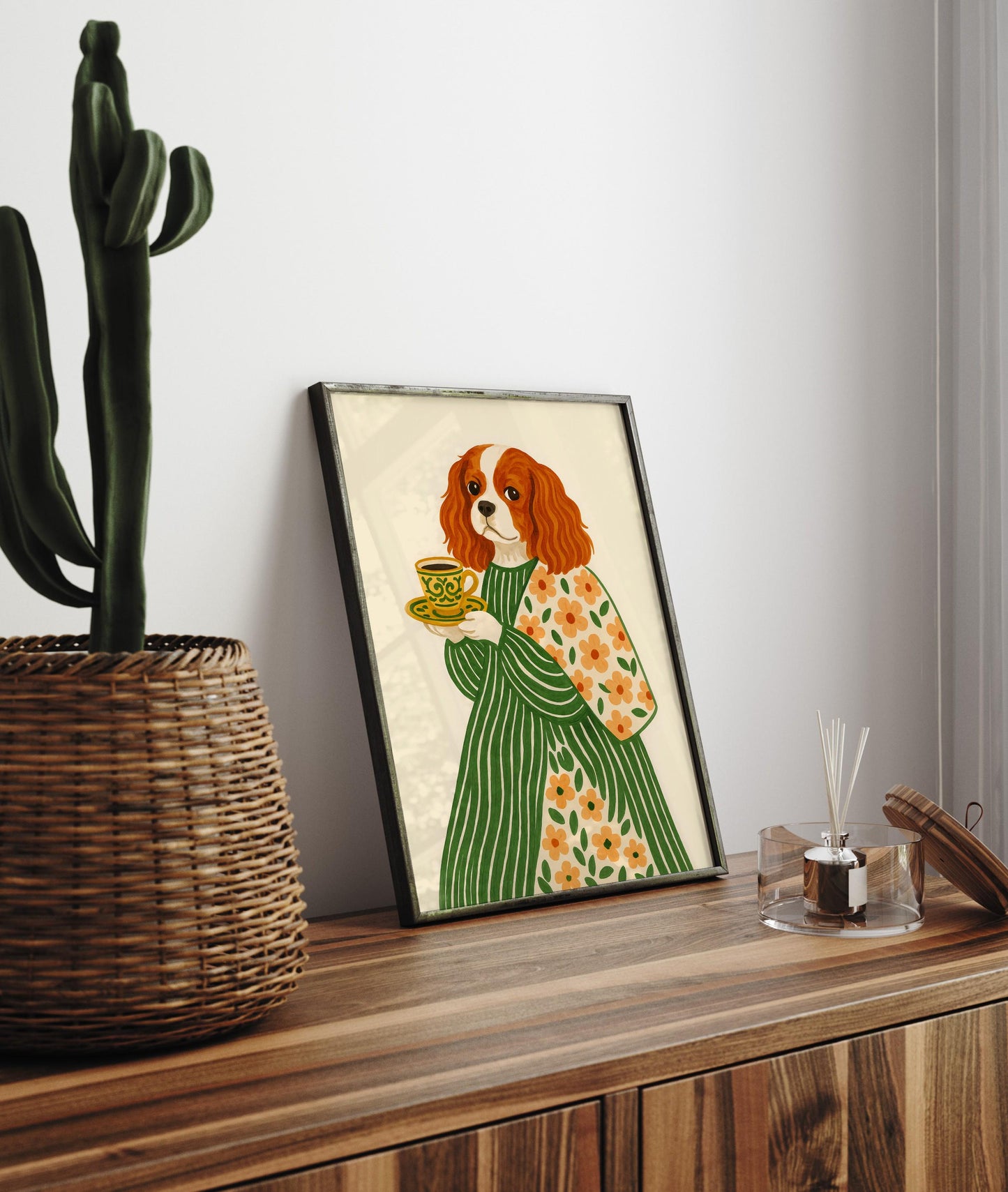 Cavalier King Charles Spaniel Art Print: Dog with Coffee & Flowers